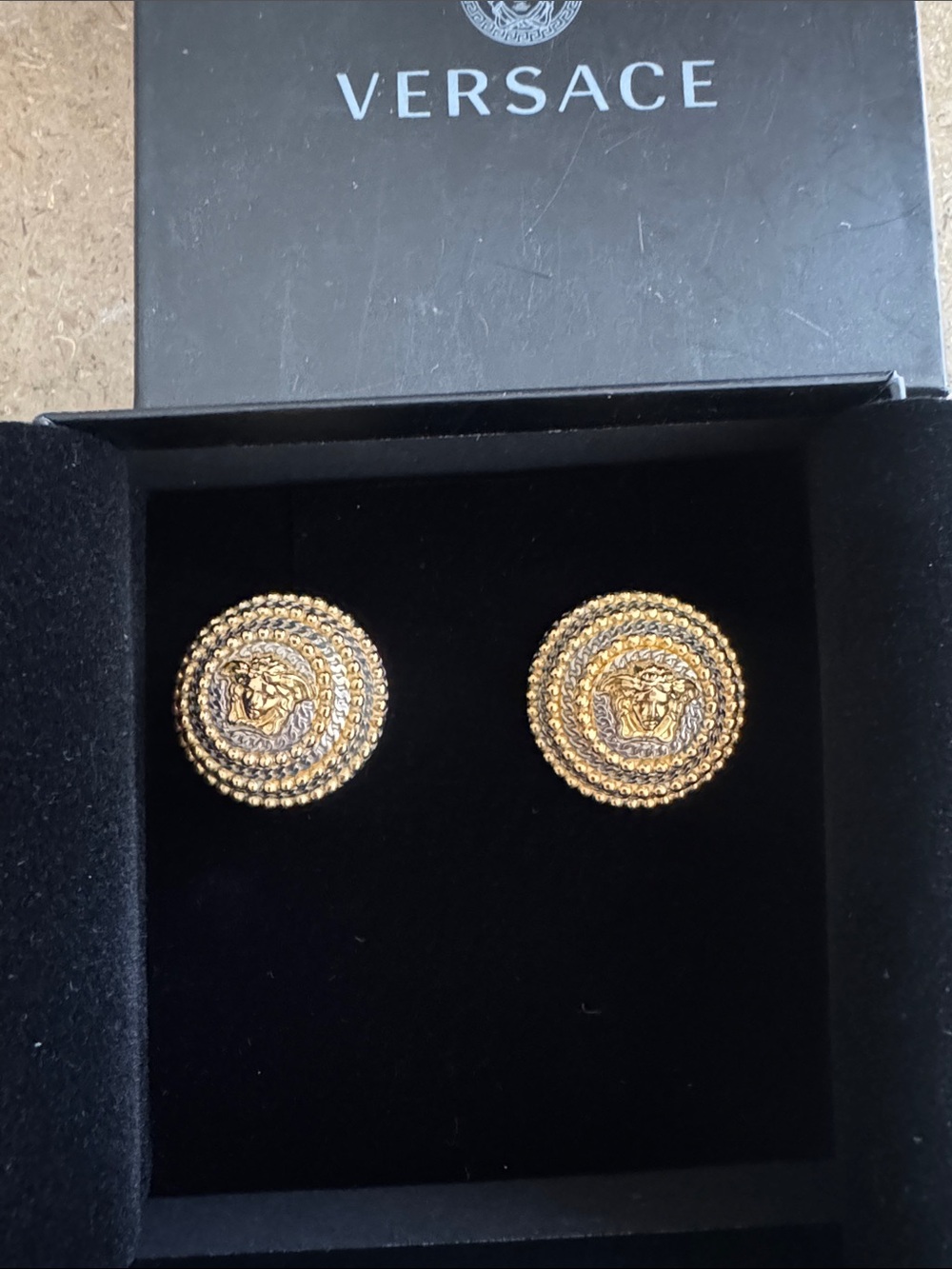 Authentic Versace Gold-Tone Medusa Round Button Earrings